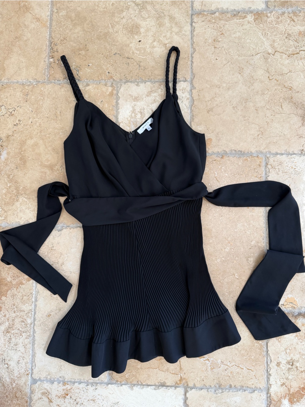 Molly Black Pleated Ruffle Wrap-Style Cami Top